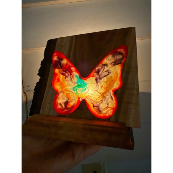 Vintage 70s Candle Votive Holder Live Edge Wood Resin Butterfly Boho - Picture 3 of 10
